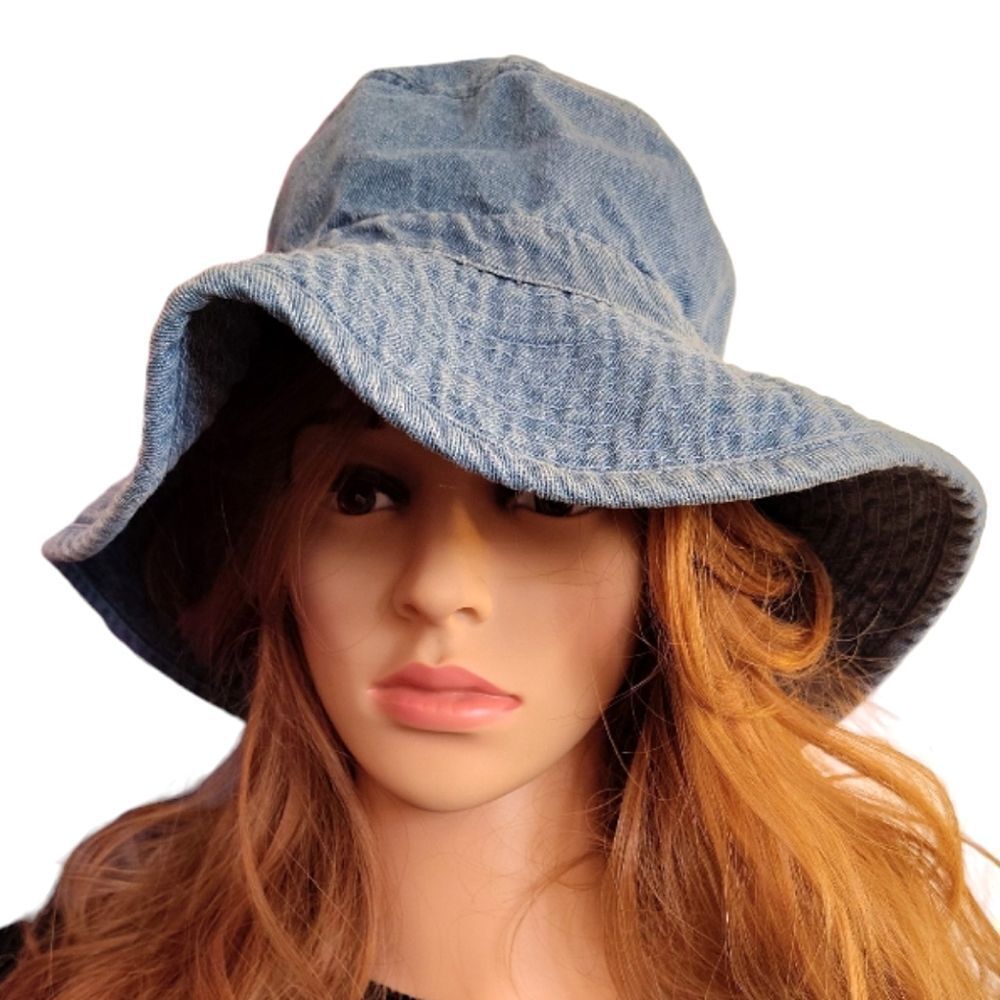 Retro Blue Faded Denim Wide Brim Floppy Sun Hat‎ Women's One Size